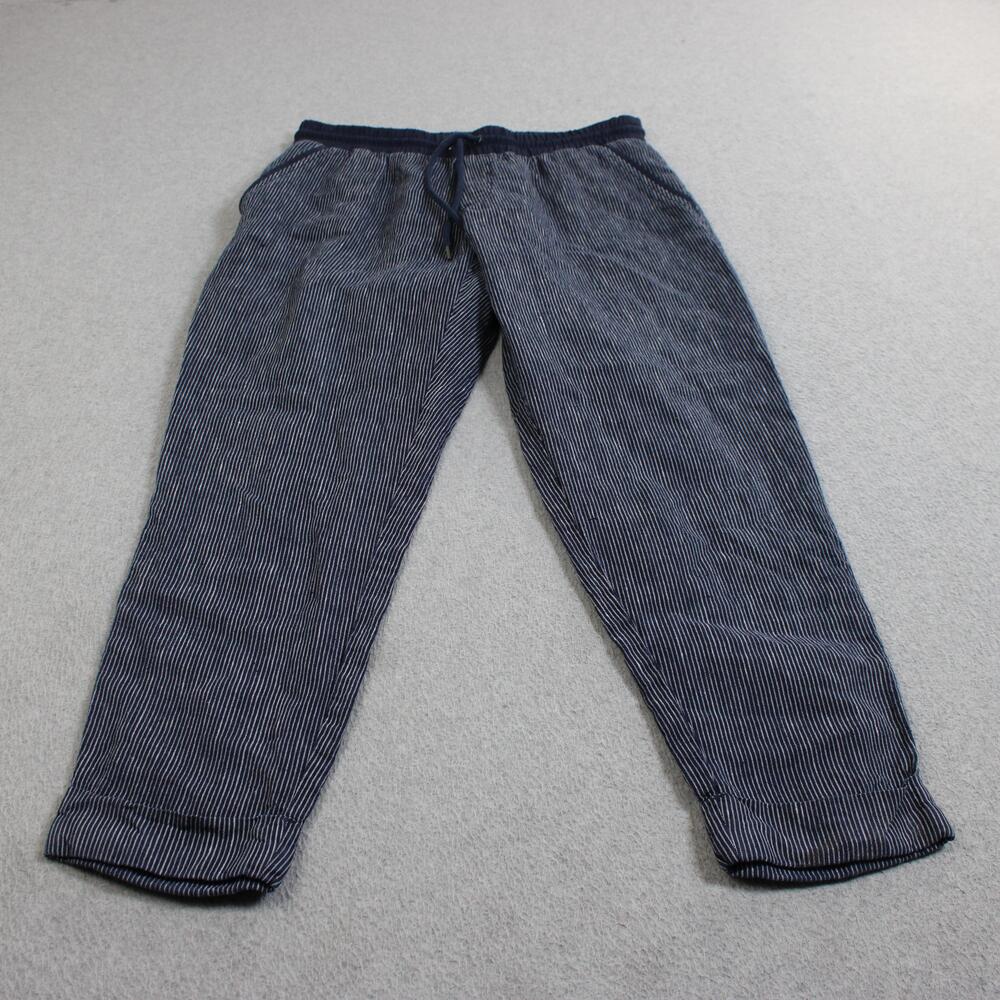 Athleta Linen Cabo Pant Women 6 Blue Stripe Cropped Elastic Waist Pocket Cuffed